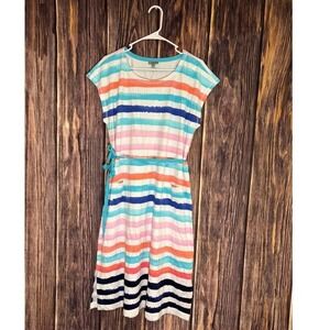 T by Talbots Dress Womens Large Striped Multicolor Midi Belted Casual Summer